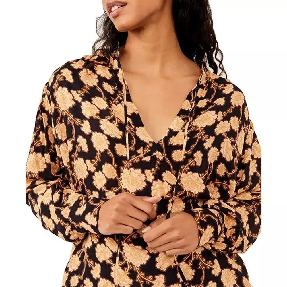 Free People Mia Tunic Floral Blouse Black Brown Size XS V-Neck Flow Boho Cottage